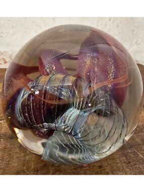 Herb Thomas H.A.T. Handblown Glass Paperweight Iridescent Purple & Blue Swirl